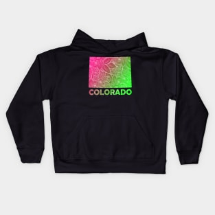 Colorful mandala art map of Colorado with text in pink and green Kids Hoodie